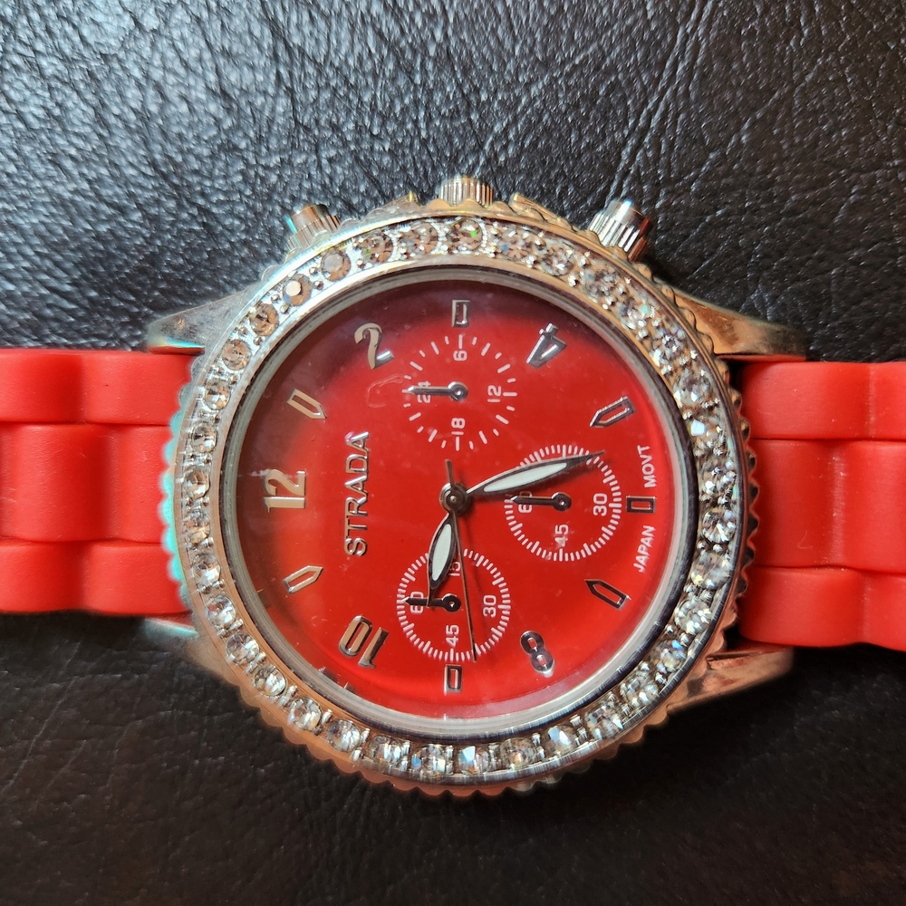 Strada Red and Silver Chronograph Watch with Rhinestone Bezel